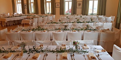 Hochzeit - Umgebung: in einer Stadt - Bezirk Braunau - Gedeckter Saal mit Tafel und Tanzfläche - mittig vor der Bühne - Gasthof Englwirt 