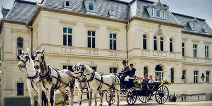 Hochzeit - Festzelt - Kutsche mit Brautpaar vor dem Schloss - Eventschloss Schönfeld