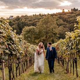 Hochzeit: Brautpaar im Weingarten des Weinschloss Thaller - Weinschloss Thaller
