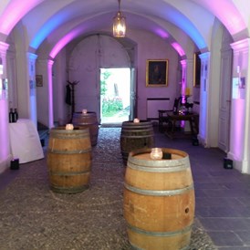 Hochzeit: Schlossgang, ideal für Stehapéros, Flying Dinner, mit wunderbarer gewölbter Decke - Event Schloss Reichenau