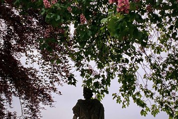 Hochzeit: Alte Bäume, Statuen und Brunnen schaffen eine ehrwürdige Atmosphäre im Schlosshof und Rosengarten. - Schloss Friedewald (Westerwald)