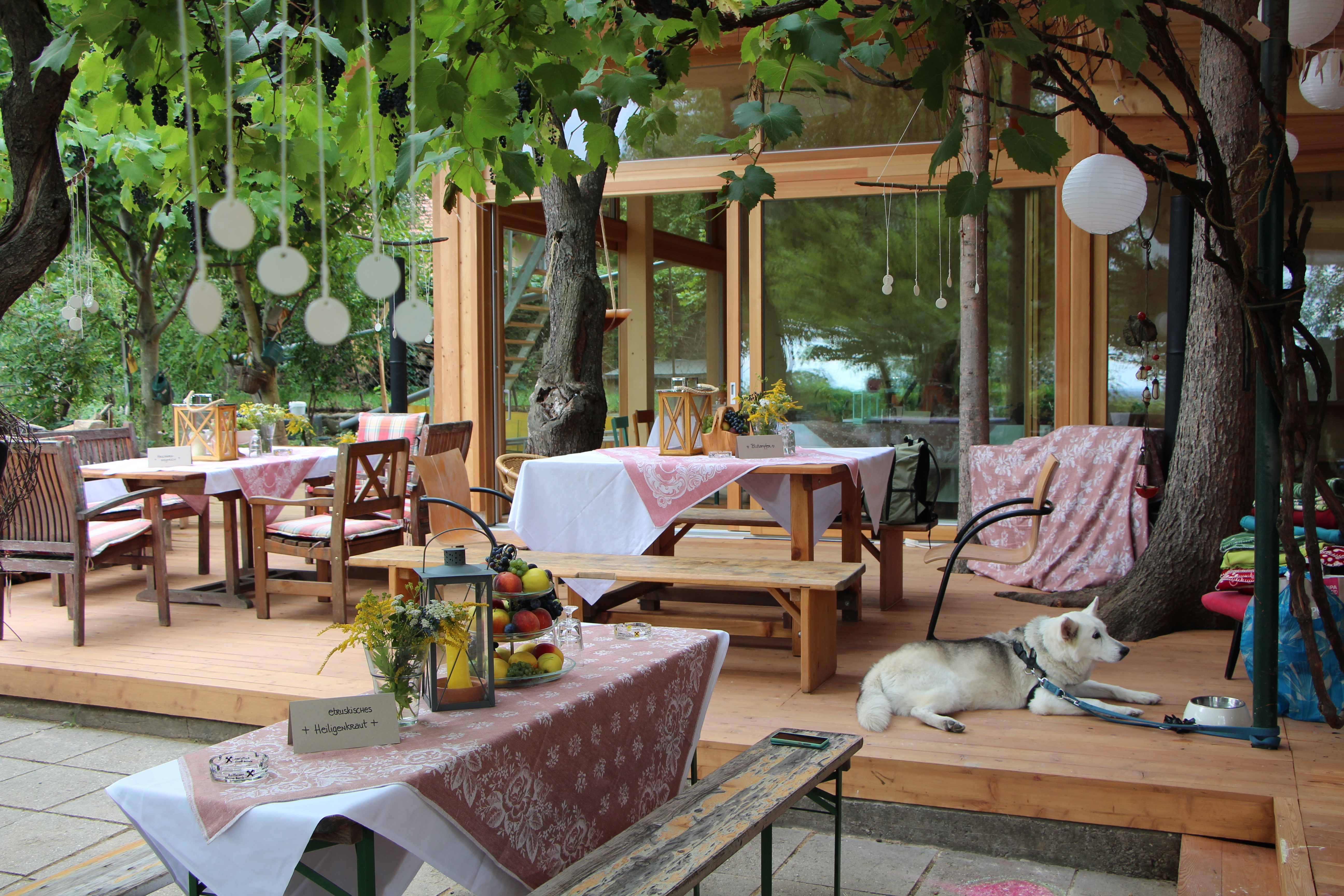 Trouwlocatie - Holzterrasse mit Holzpavillon für ca. 70 Personen - Bio-Weingut Weinhandwerk