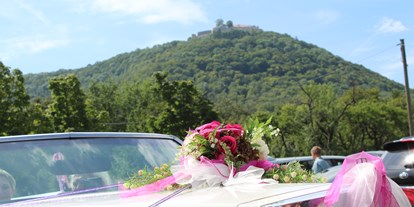 Hochzeit - Festzelt - PLZ 72631 (Deutschland) - Unser Hochzeits auto gehört dazu .
Ein Licon Cadilac Cabrio mit Braut schmuck   - Schlosscafe Location & Konditorei / Restaurant