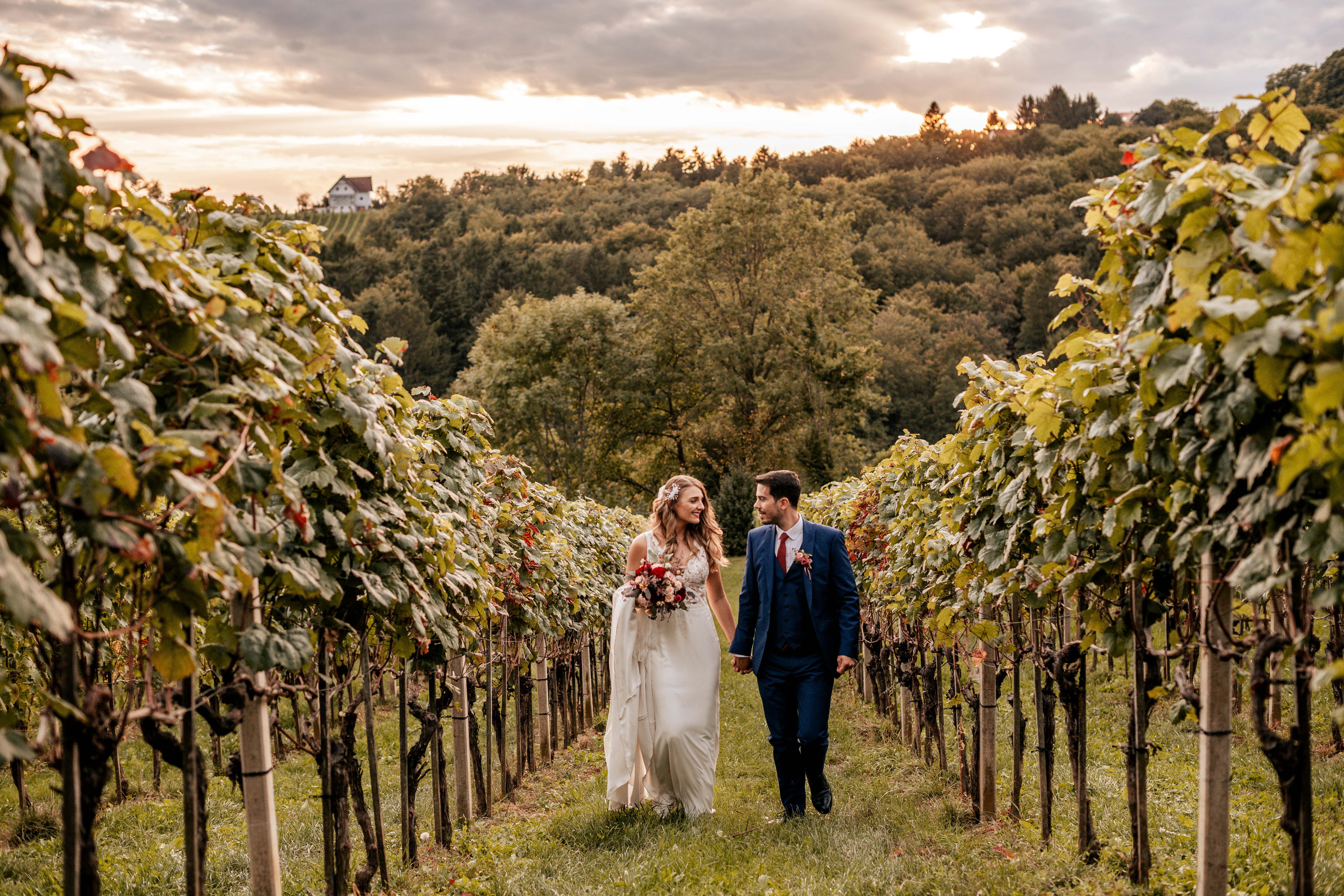 Hochzeit: Brautpaar im Weingarten des Weinschloss Thaller - Weinschloss Thaller