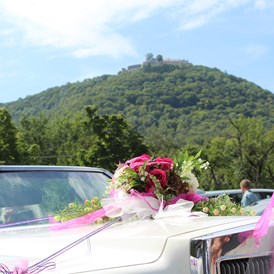 Hochzeit: Unser Hochzeits auto gehört dazu .
Ein Licon Cadilac Cabrio mit Braut schmuck   - Schlosscafe Location & Konditorei / Restaurant