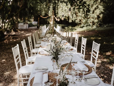 Hochzeitslocation: Burg Schaubeck - Weingut Graf Adelmann Hochzeit mit langer Tafel im englischen Parkbereich - Burg Schaubeck - Weingut Graf Adelmann