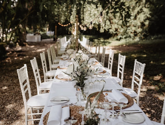 Hochzeitslocation: Burg Schaubeck - Weingut Graf Adelmann Hochzeit mit langer Tafel im englischen Parkbereich - Burg Schaubeck - Weingut Graf Adelmann
