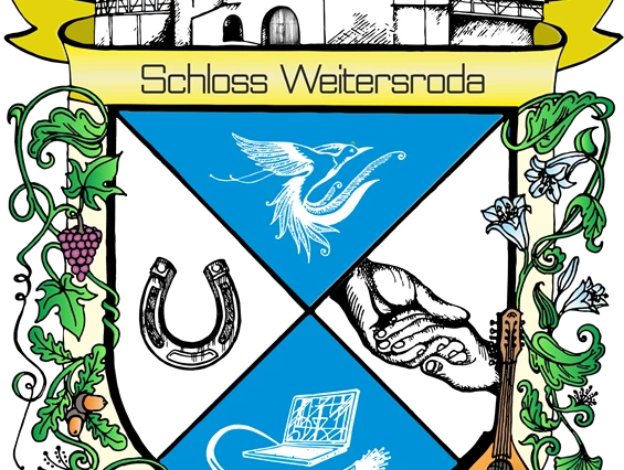 Hochzeitslocation: Ein Paradiesvogel, Pferde, Lebenkunst, moderne Technik, Musik und Gartenbau - diese Aspekte sind in unserem Schlosswappen dargestellt. - Schloss Weitersroda
