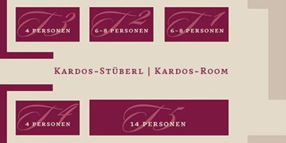 Matrimonio - Gumpoldskirchen - Kardos Stüberl
Das Kardos-Stüberl im Kellergeschoss fasst 40 Sitzplätze, bietet mit seinem gemütlichen Ambiente viel Platz und lässt verschiedene Bestuhlungsvarianten zu. Der Saal ist ausgestattet mit Gratis-WLAN,Stero Anlage  und Klimaanlage.
 - Restaurant Kardos K.u.K. Spezialitäten