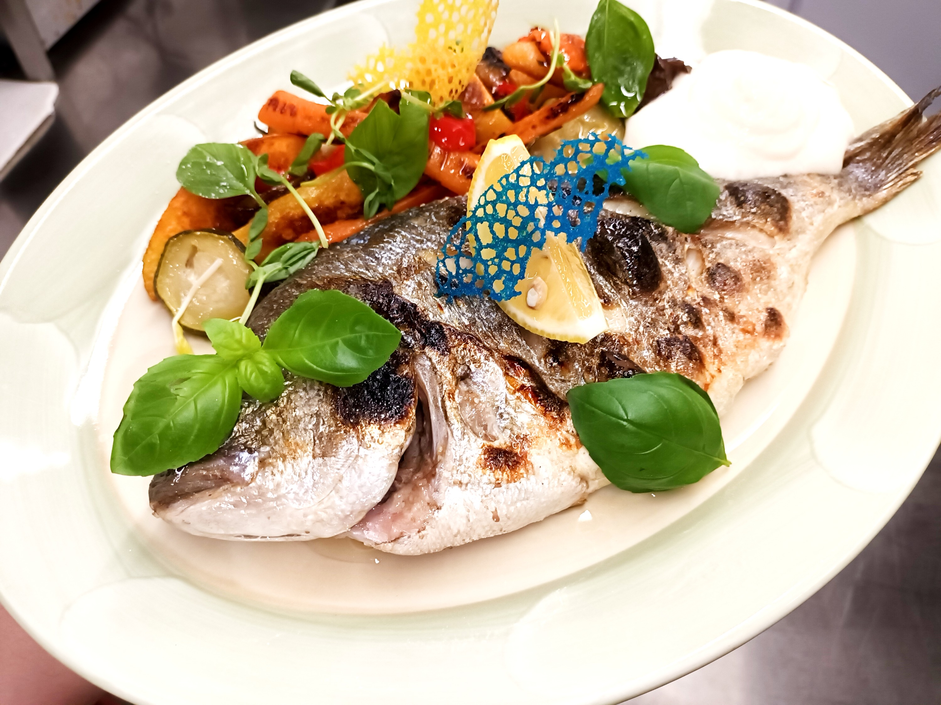 Hochzeitslocation: Goldbrasse (Dorade Royale) aus Mittelmeerfang, saftig im ganzen gegrillt. - Hotel und Restaurant Kolossos in Neuss am Rhein