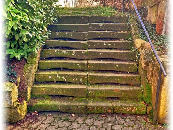 Hochzeitslocation: Zugang zur Eventwiese mit Naturstein-Treppe – Verbindung zwischen Garten und Festsaal. - Wanderheim Germersheim