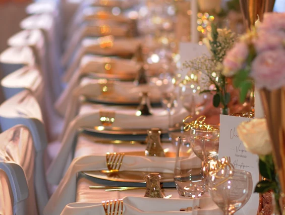 Hochzeitslocation: Lange Tafel mit goldenen Tellern und Rosé-Blumenschmuck – eleganter Stil für exklusive Feiern. - Wanderheim Germersheim