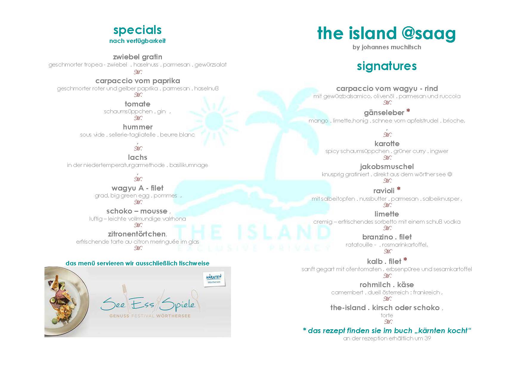 Hochzeitslocation: THE ISLAND - Menuekarte - THE ISLAND - die schwimmende Location am Wörthersee