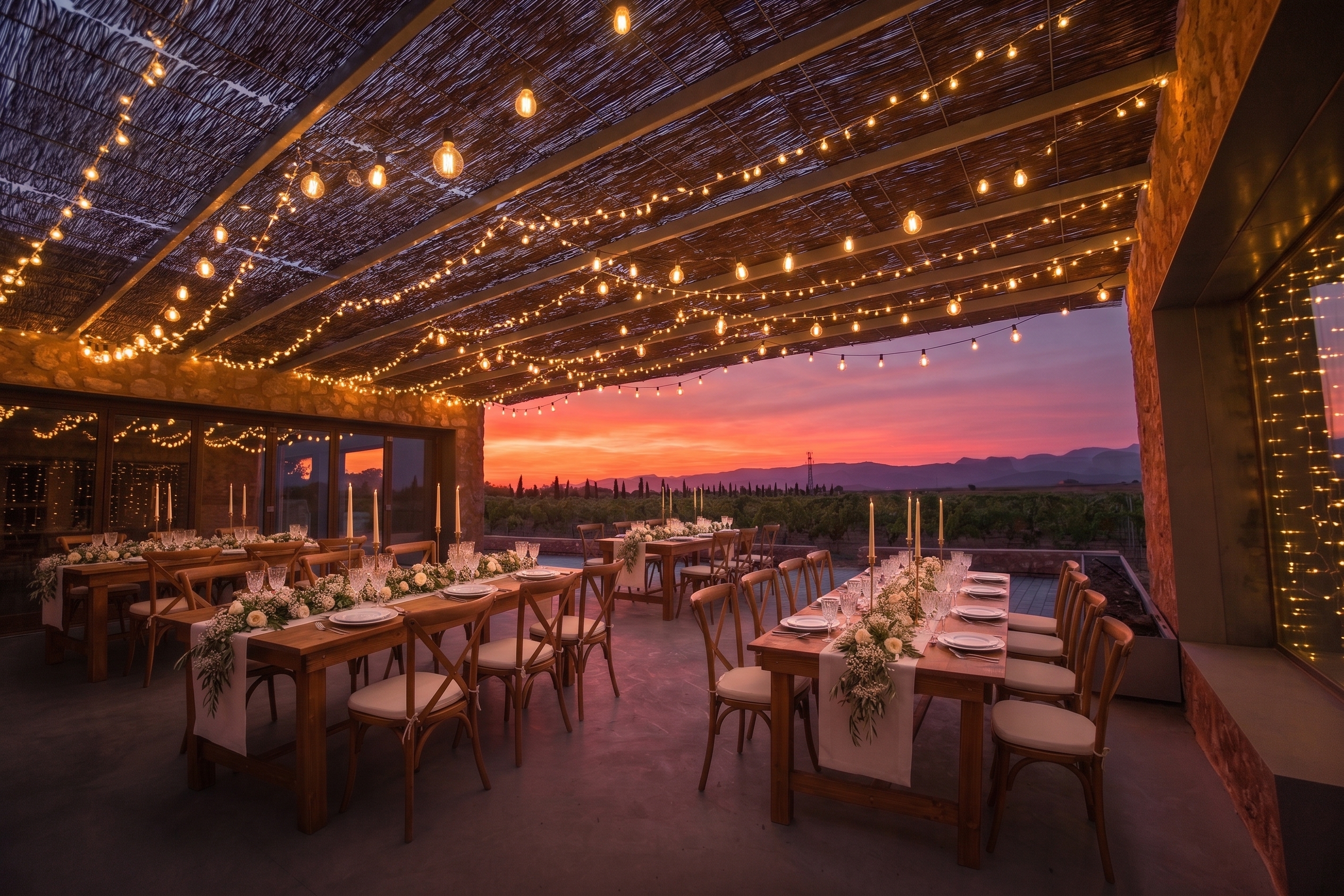 Hochzeit: Den Sonnenuntergang über den Weinreben genießen und gemeinsam bis in den Abend feiern: auf der Panorama Terrasse von Son Juliana - Alte Schlossfabrik