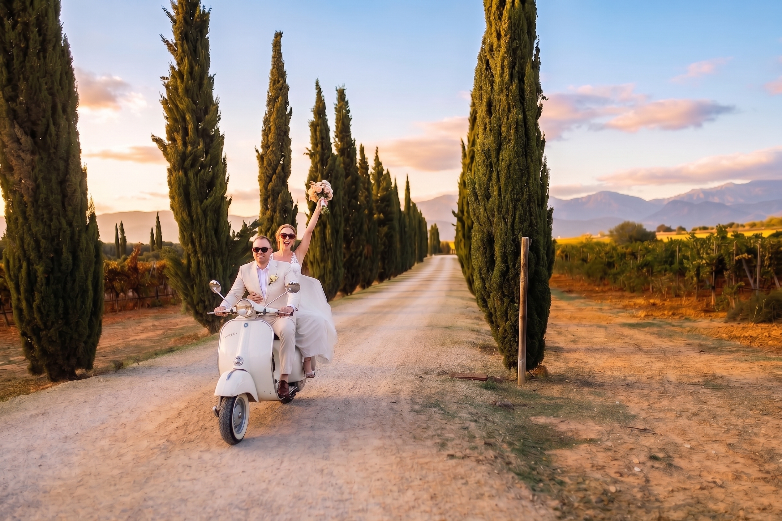 Hochzeit: Hochzeitsmomente in der Zypressen Allee von Son Juliana auf Mallorca - Alte Schlossfabrik