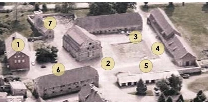 Bruiloft - Thüringen - Legende
1. Herrenhaus
2. Ochsenstall
3. Ostflügel
4. Südflügel
5. Westflügel
6. Pferdestall
7. Romanische Dorfkirche / Kapelle - Klostergut Mönchpfiffel