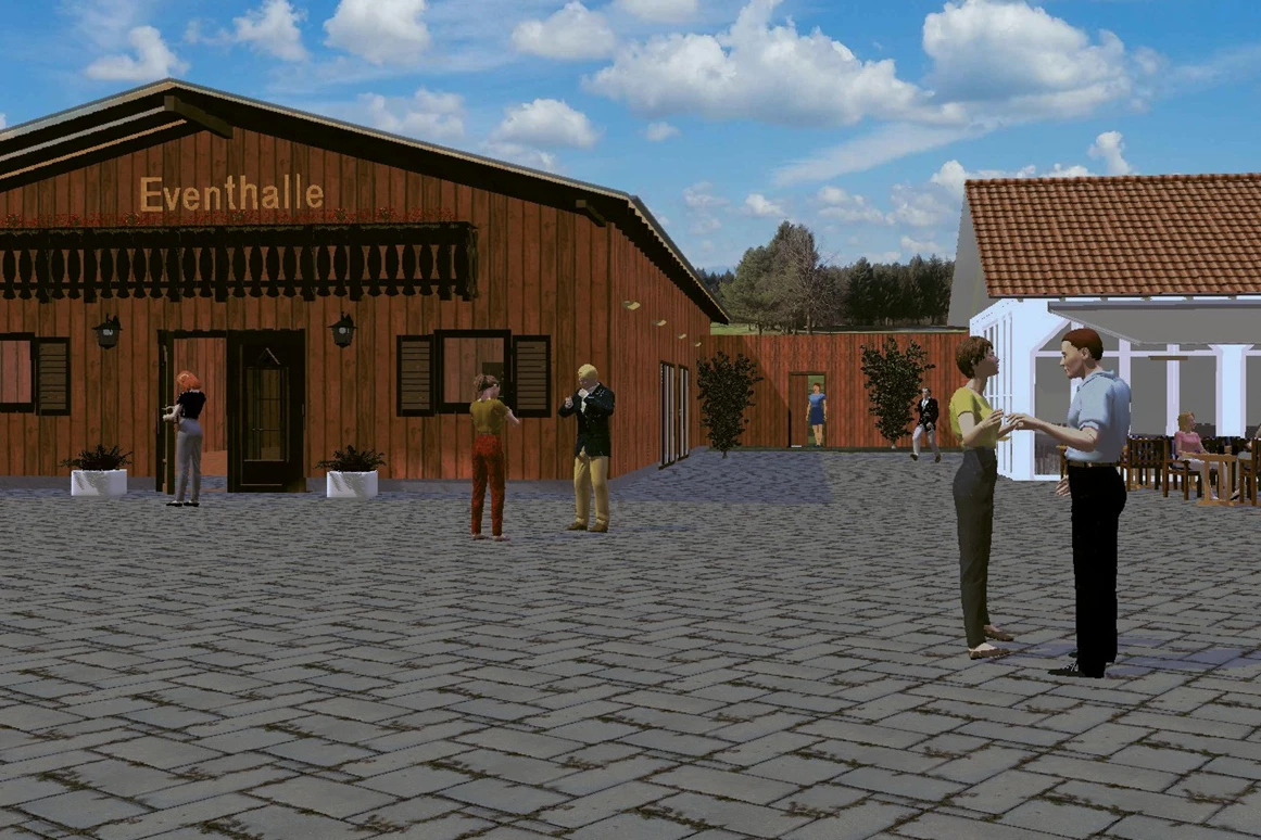 Hochzeitslocation: Skizze des Neubaus (Fertigstellung voraussichtlich Oktober 2025)  - Eventhalle am Freizeitresort Mudau im Odenwald
