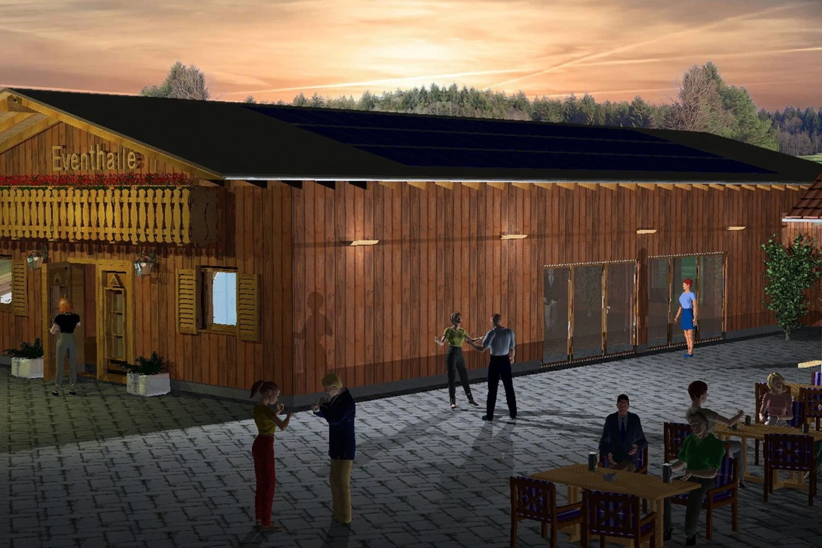 Hochzeitslocation: Skizze des Neubaus (Fertigstellung voraussichtlich Oktober 2025)  - Eventhalle am Freizeitresort Mudau im Odenwald