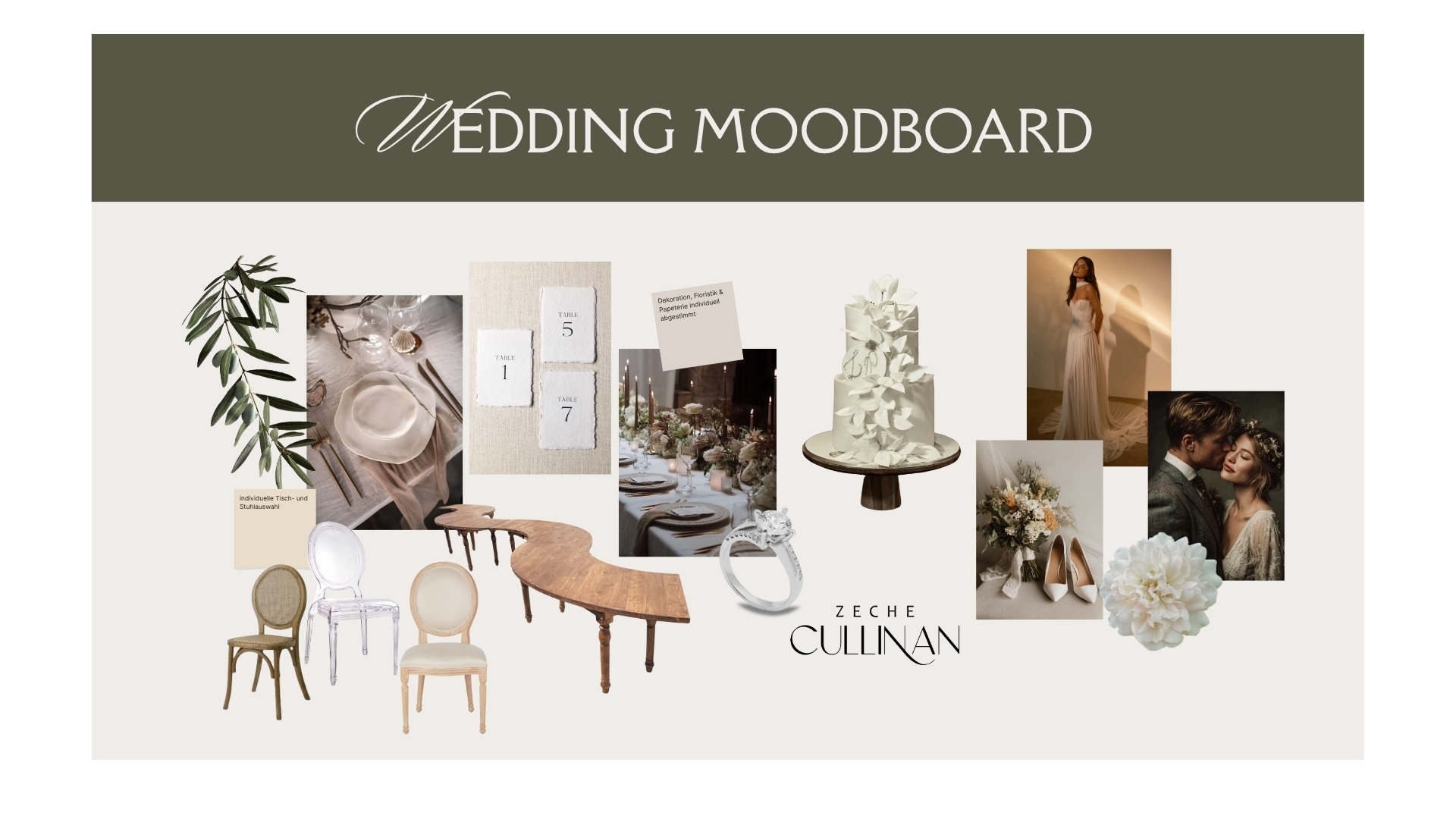 Hochzeit - Hochzeitsessen: mehrgängiges Hochzeitsmenü - Deutschland - Mobiliar Moodboard - Zeche Cullinan