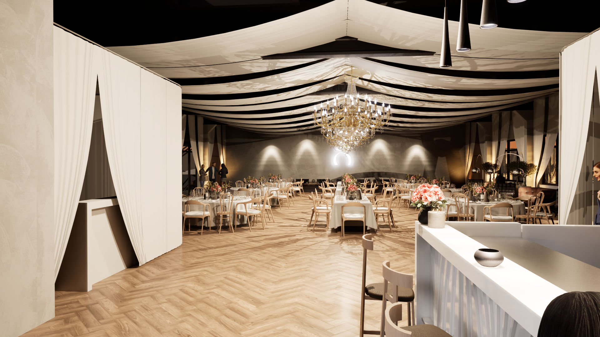 Hochzeit: Saal Abendbeleuchtung Perspektive 4 - KÖRSCH Eventlocation