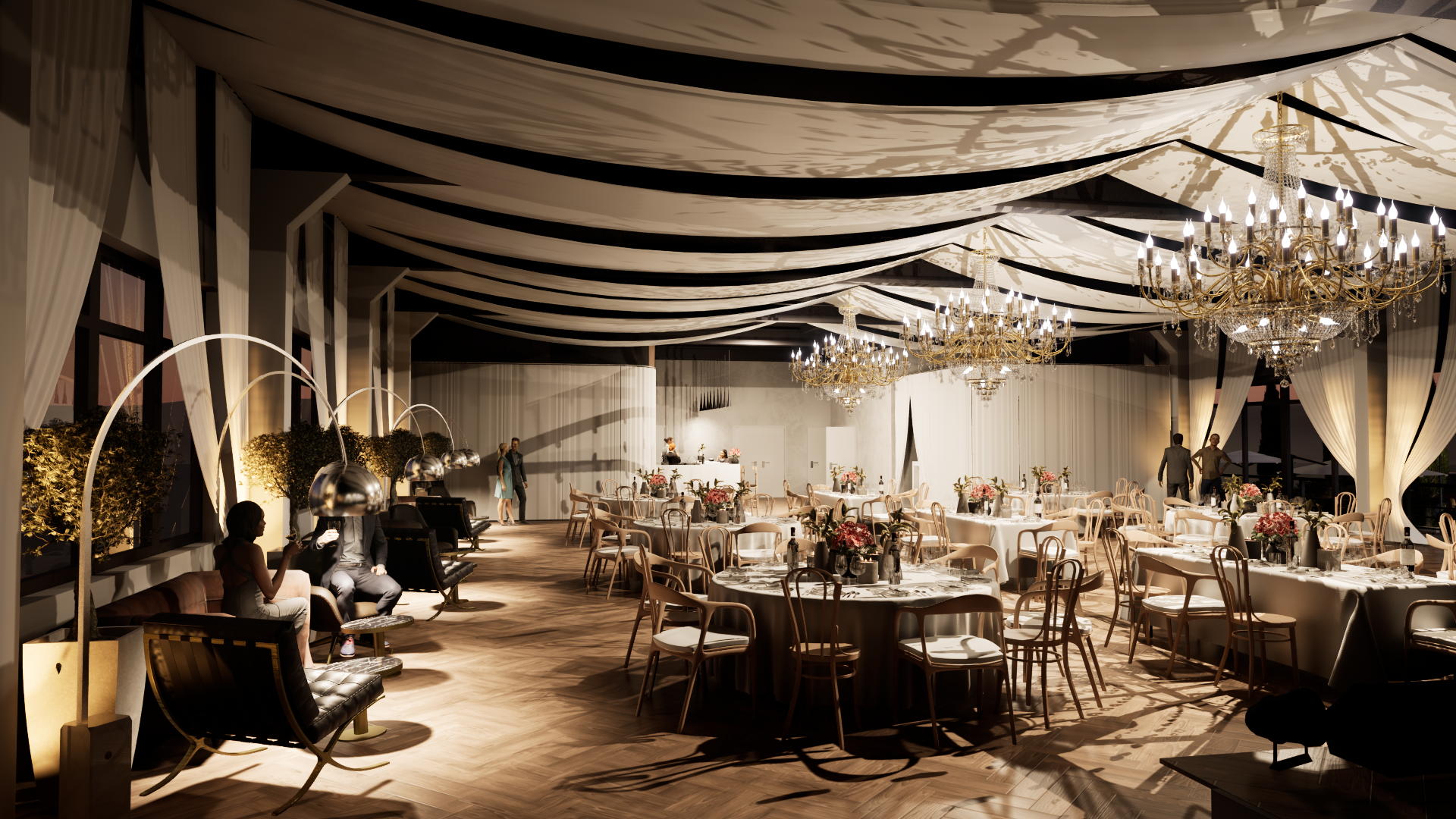 Hochzeit: Saal Abendbeleuchtung Perspektive 2 - KÖRSCH Eventlocation