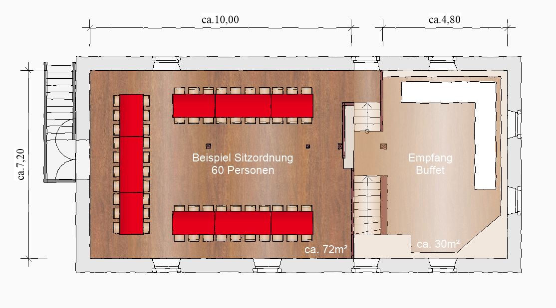 Hochzeitslocation: Grundriss OG mit Möblierungsbeispiel - Landhausgarten Bunzmann